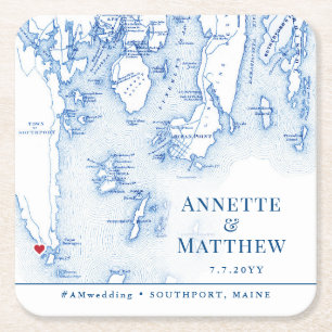 Dessous-de-verre Carré En Papier Southport Boothbay Maine Map Mariage Cocktail Hour