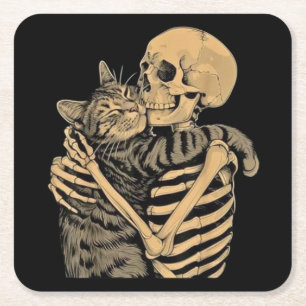 Dessous-de-verre Carré En Papier Squelette qui étreint un chat – Cadeau mignon pour
