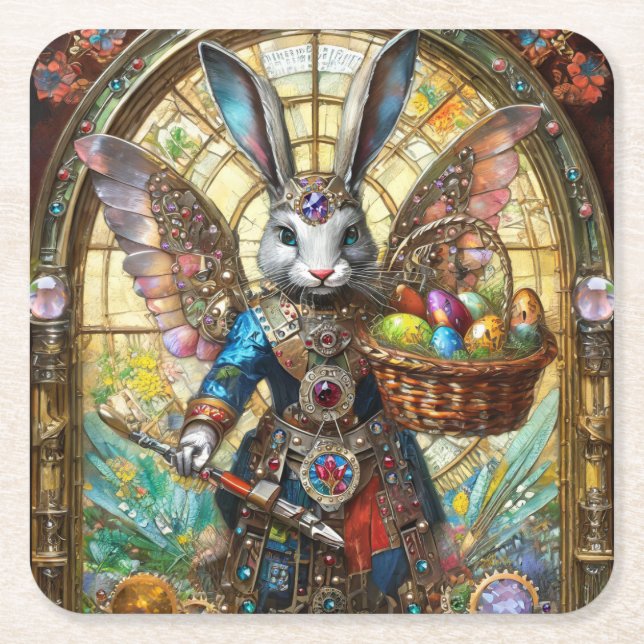 Dessous-de-verre Carré En Papier Steampunk Lapin de Pâques Guerrier Angel (Devant)