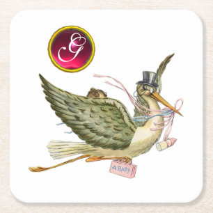 Dessous-de-verre Carré En Papier STORK BÉBÉ FILLE DOUCHE GEM MONOGRAM Blanc