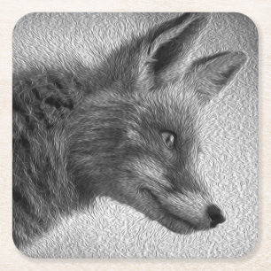 DESSOUS-DE-VERRE CARRÉ EN PAPIER STYLE DE PEINTURE RENARD NOIR ET BLANC