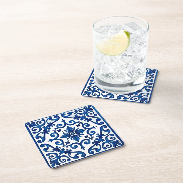 Dessous-de-verre Carré En Papier style italien, méditerranéen, mosaïque, bleu, (En situation)