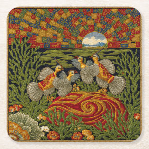 Dessous-de-verre Carré En Papier Style Rétro Tapisserie Verte Oiseaux Exotiques