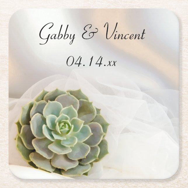 Dessous-de-verre Carré En Papier Succulent vert sur Mariage blanc (Devant)