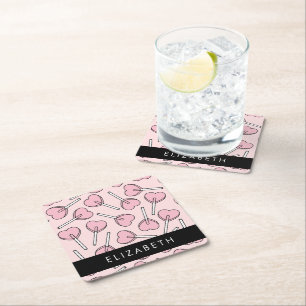 Dessous-de-verre Carré En Papier Sucettes roses, sucettes en forme de cœur, sucette