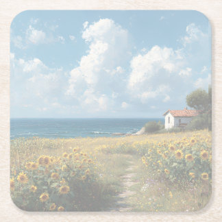 Dessous-de-verre Carré En Papier Sunflower Field Path to the Sea | Acrylic