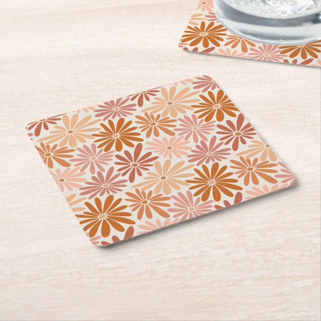 Dessous-de-verre Carré En Papier Super floral orange et rose rétro (Incliné)