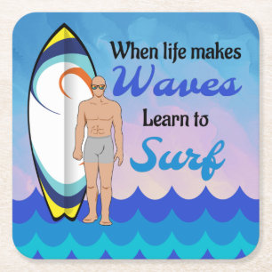 Dessous-de-verre Carré En Papier Surboard Ocean Waves Blue Motivational Quote