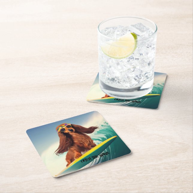 Dessous-de-verre Carré En Papier Surf Dachshund Drink Coasters (En situation)