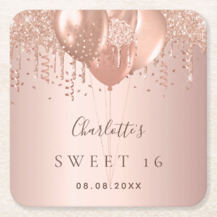 Dessous-de-verre Carré En Papier Sweet 16 roses en or parties scintillant ballons m