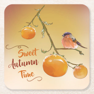 Dessous-de-verre Carré En Papier Sweet automne Orange Persimmon Fruits & Oiseau