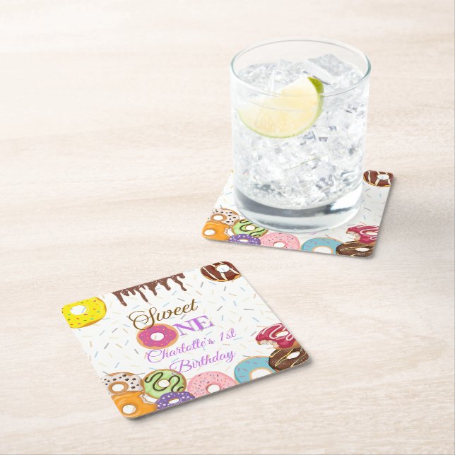 Dessous-de-verre Carré En Papier Sweet One 1st Birthday Party | Personnalisable  (En situation)