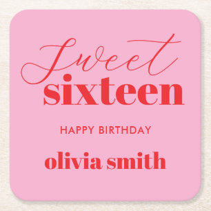 Dessous-de-verre Carré En Papier Sweet sixteen moderne rouge rose 16e anniversaire