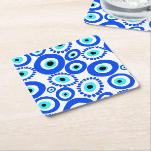 Dessous-de-verre Carré En Papier Symbole oculaire Bleu et blanc Motif contemporain