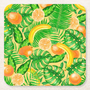 Dessous-de-verre Carré En Papier Tangerines, bananes et feuilles tropicaux