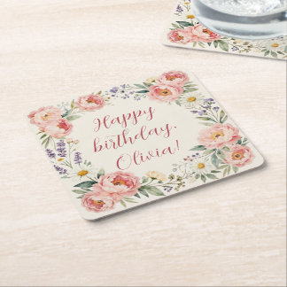 Dessous-de-verre Carré En Papier Tapis de liège personnalisé Fleurs Joyeux Annivers