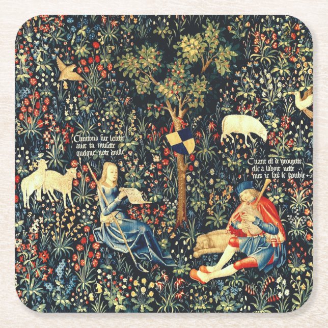 Dessous-de-verre Carré En Papier Tapisserie de la Renaissance médiévale Bergers et  (Devant)