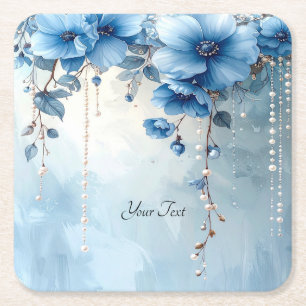 Dessous-de-verre Carré En Papier Tapisserie Fleurs Bleues et Perles Papier