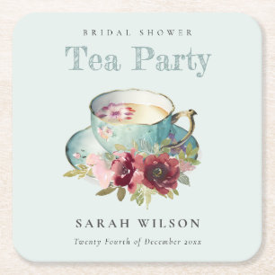 Dessous-de-verre Carré En Papier Teacup turquoise Gold Floral Fête des mariées Tea 
