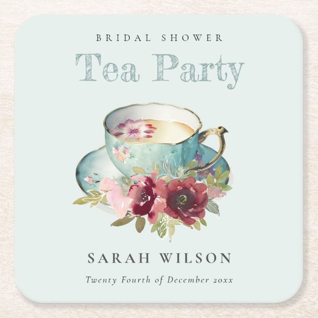 Dessous-de-verre Carré En Papier Teacup turquoise Gold Floral Fête des mariées Tea  (Devant)