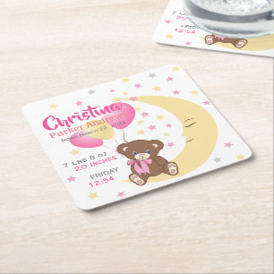 Dessous-de-verre Carré En Papier Teddy Bear assis sur la Lune Baby Birth Statistiqu