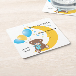 Dessous-de-verre Carré En Papier Teddy Bear assis sur la Lune   Baby Boy Shower