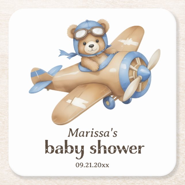 Dessous-de-verre Carré En Papier Teddy Bear Pilote Baby Boy Douche Dessous de verre (Devant)