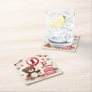 Dessous-de-verre Carré En Papier Teddy Bear Pique-nique Joyeux 1er Anniversaire Pla