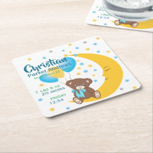 Dessous-de-verre Carré En Papier Teddy Bear Sitting on Moon Baby Birth Stats