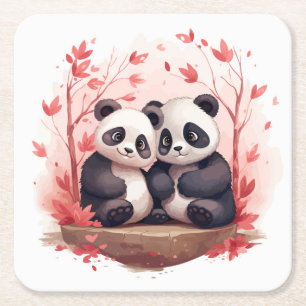 Dessous-de-verre Carré En Papier Tellement heureux ensemble Panda paire