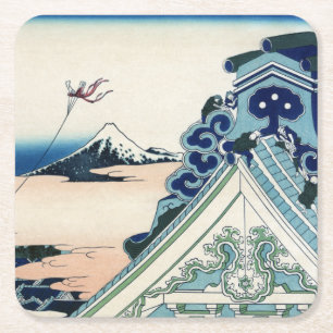 Dessous-de-verre Carré En Papier Temple Honganji Vue du Mont Fuji Gravure japonaise