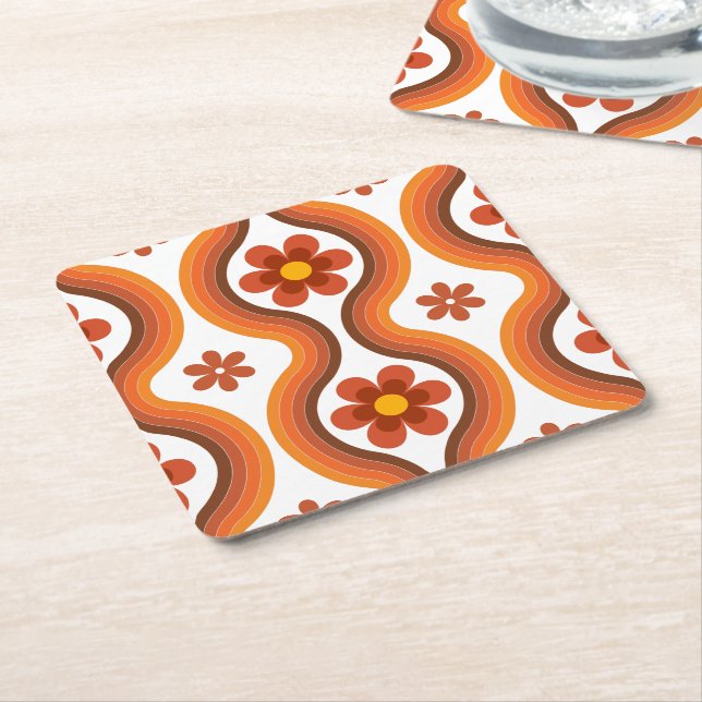 Dessous-de-verre Carré En Papier Terracotta Mid Century Floral Moderne Arc-en-ciel  (Incliné)