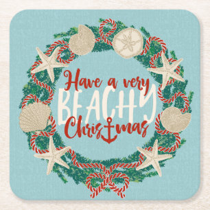 Dessous-de-verre Carré En Papier Terre de Noël Coastale Tropical Sea Shell Wreath -