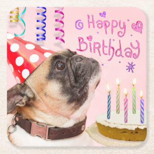 Dessous-de-verre Carré En Papier Tête de pug et gâteau d'anniversaire mignons