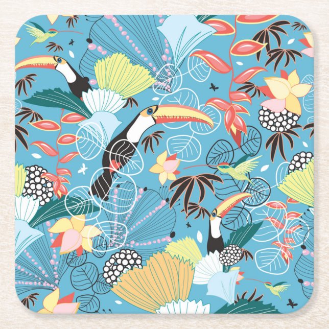 Dessous-de-verre Carré En Papier Texture tropicale avec des toucans et des colibris (Devant)
