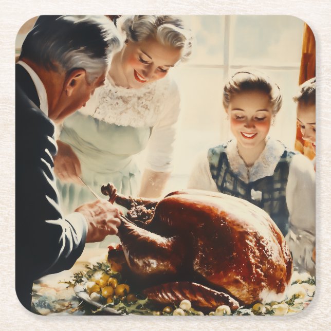 Dessous-de-verre Carré En Papier Thanksgiving Joy : Une fête familiale (Devant)