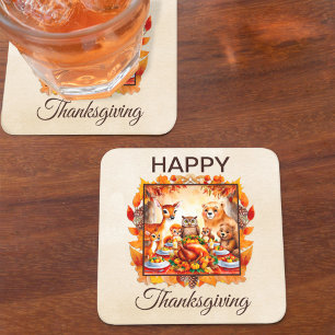 Dessous-de-verre Carré En Papier Thanksgiving Woodland Animaux Feuilles d'automne