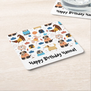 Dessous-de-verre Carré En Papier Thème de fête d'anniversaire avec un chien de dess