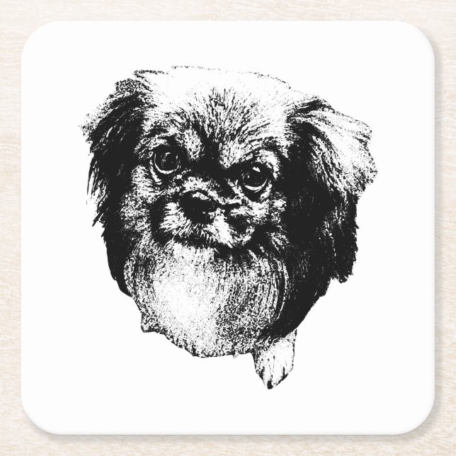 Dessous-de-verre Carré En Papier Tibetan Spaniel Coaster – Monochrome Dog Art (Devant)