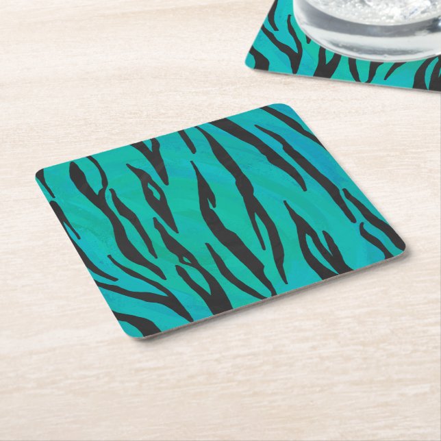 Dessous-de-verre Carré En Papier Tiger noir et Turquoise (Incliné)