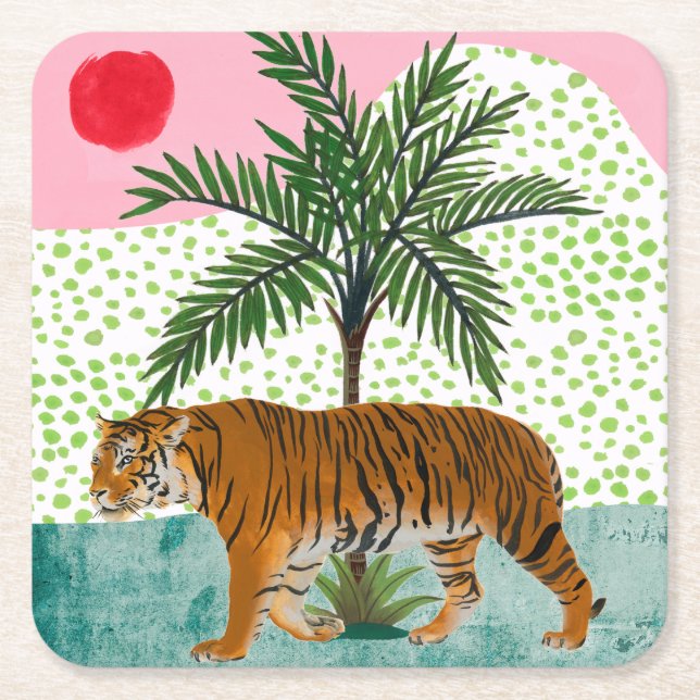 Dessous-de-verre Carré En Papier Tigre au lever du soleil (Devant)