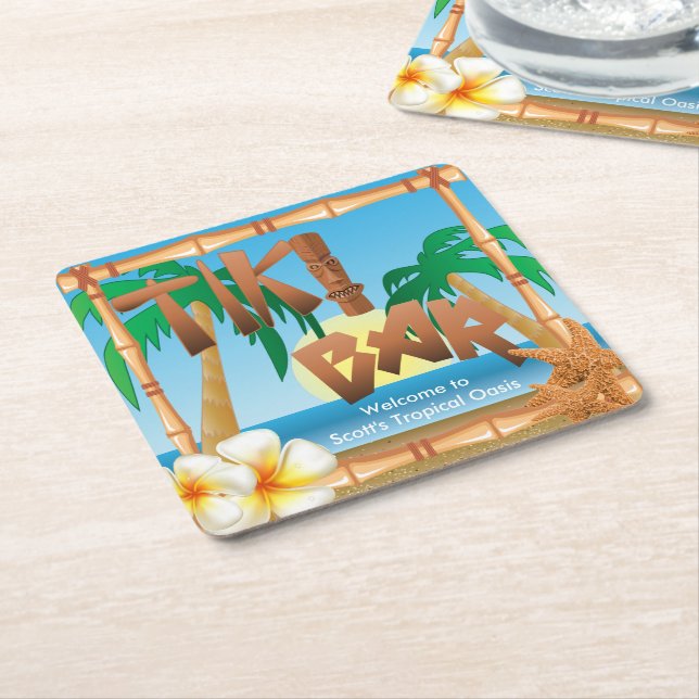 Dessous-de-verre Carré En Papier Tiki Bar Personnaliser l'oasis tropicale (Incliné)
