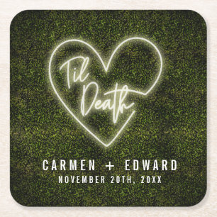 Dessous-de-verre Carré En Papier Til Death White Neon Signer Mariage du coeur