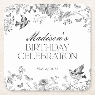 Dessous-de-verre Carré En Papier Toile De Jouy Vintage Floral Anniversaire Noir