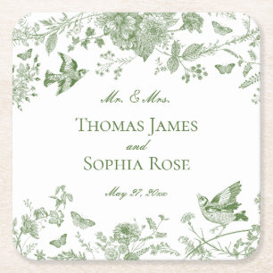 Dessous-de-verre Carré En Papier Toile Verte De Jouy Vintage Mariage Floral