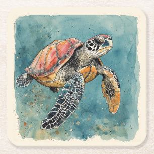 Dessous-de-verre Carré En Papier Tortue de mer aquarelle