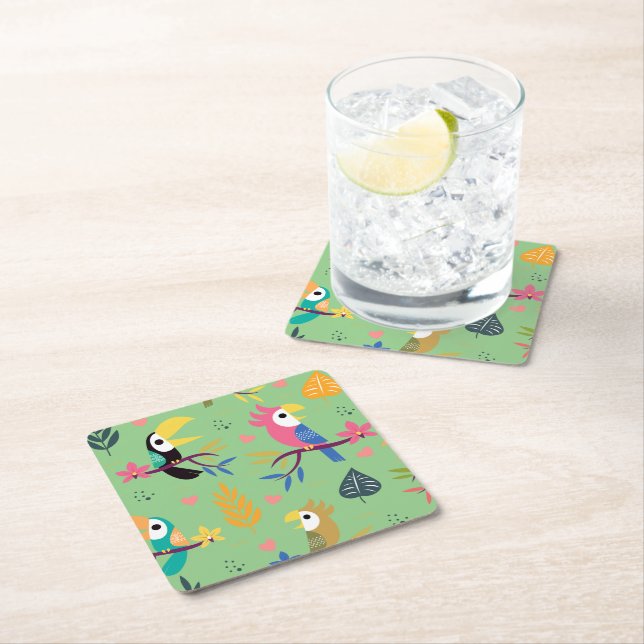 Dessous-de-verre Carré En Papier Toucans et perroquets (En situation)