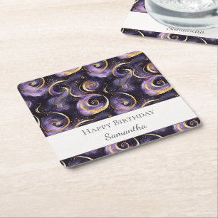 Dessous-de-verre Carré En Papier Tourbillons de violet et d'or pour l'anniversaire