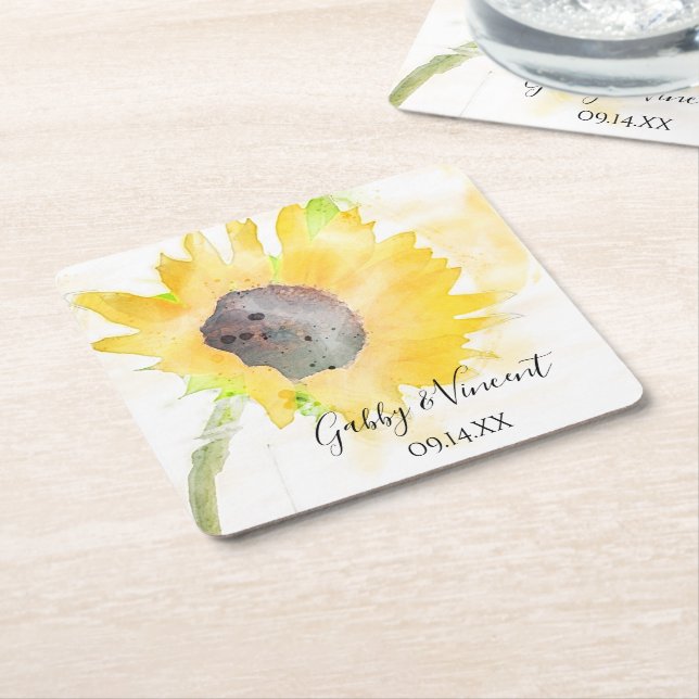 Dessous-de-verre Carré En Papier Tournesol jaune sur Mariage d'aquarelle blanche (Incliné)