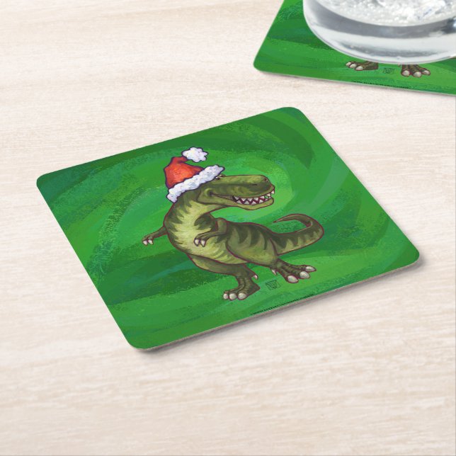 Dessous-de-verre Carré En Papier TRex à Santa Hat sur Green (Incliné)